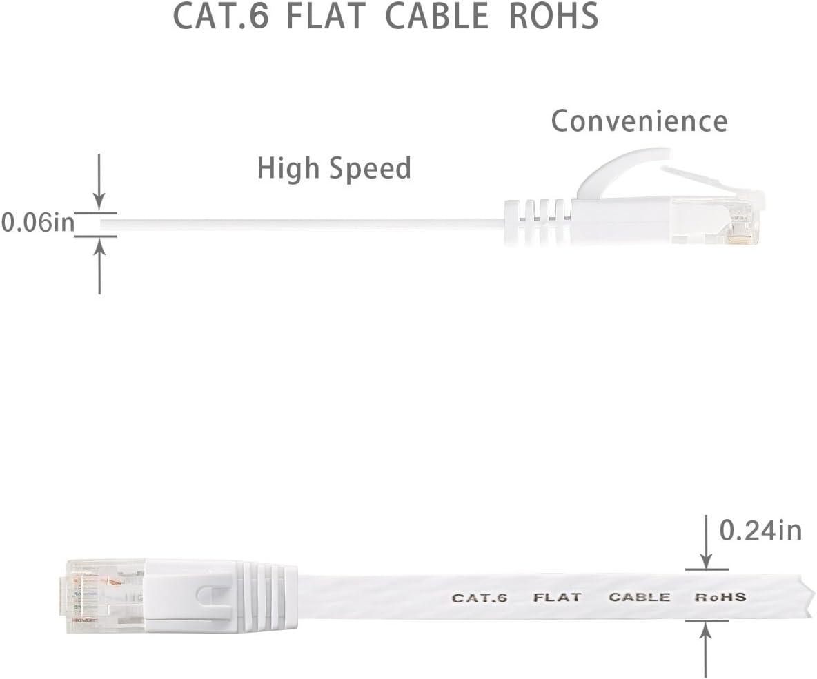Cat 6 Ethernet Cable 75 ft Flat with Clips, Durable Long Internet Network LAN Patch Cords, Solid Cat6 High Speed Computer wire with RJ45 Connectors for Router, Modem, PS, Faster Than CAT5E/Cat5, White: Computers & Accessories