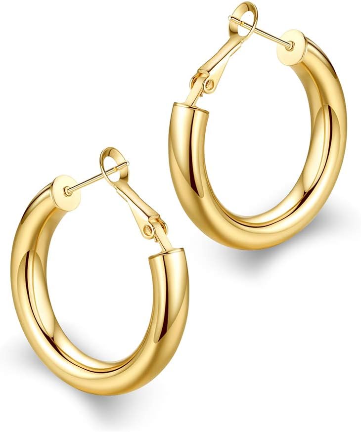 wowshow Thick Hoop Earrings Howllow 14K Gold Plated Gold Hoops for Women