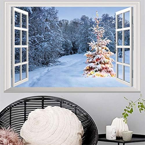 Pausseo Christmas Fake Window Simulation 3D Wall Stickers Painting,Home Decoration Household Room Floor Mural Removable Clings Party Decor Decal Door Cover Carved Sticking Decorative Wallpaper