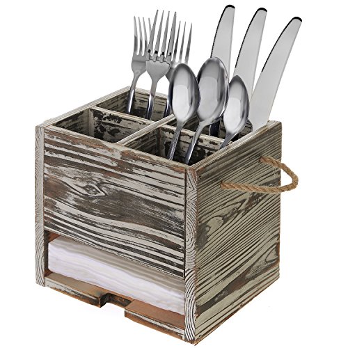 4 Compartment Torched Wood Kitchen Dining Utensil Organizer Caddy with Napkin Holder