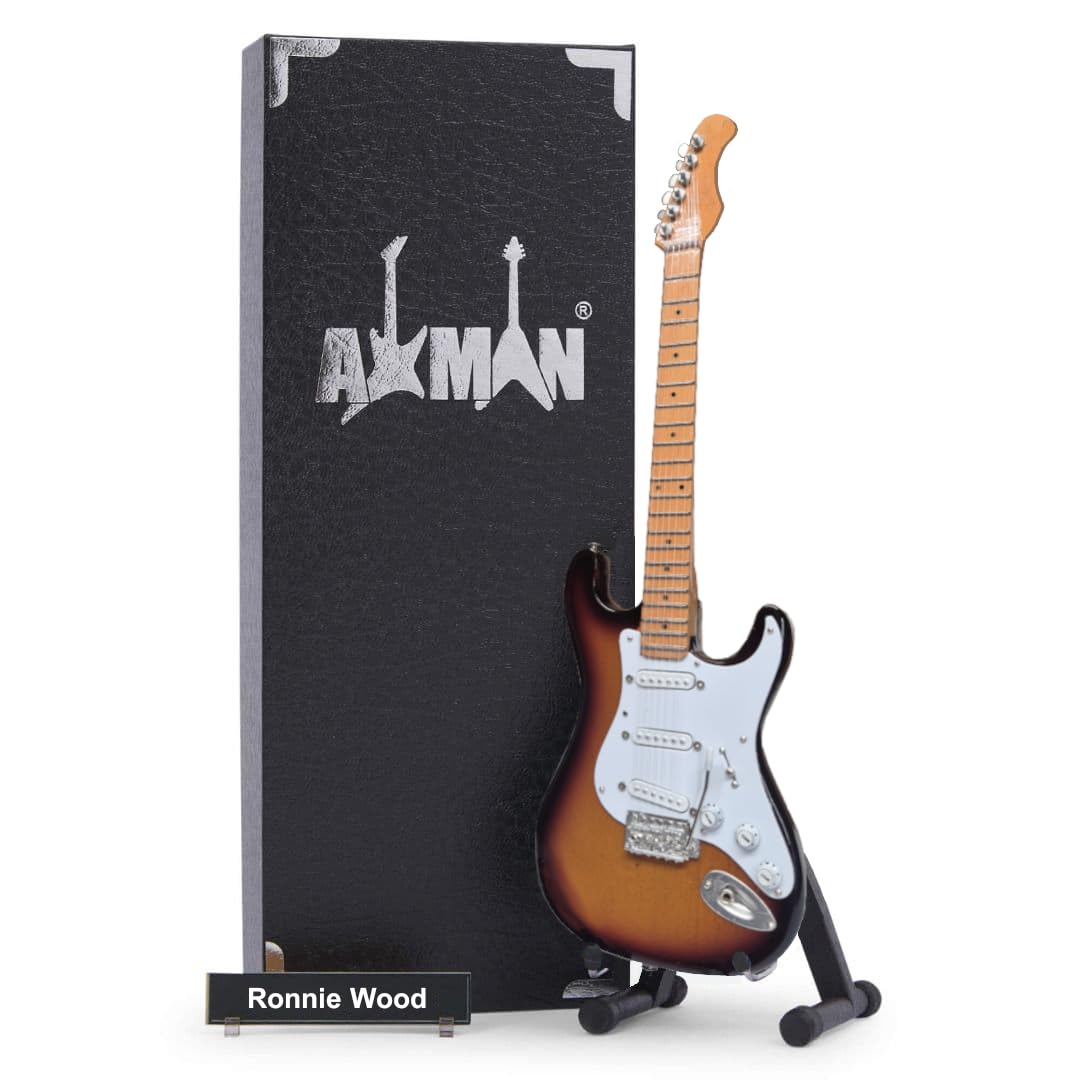 Axman Ronnie Wood (The Rolling Stones): Guitar - Miniature Guitar Replica - Music Gifts - Handmade Ornamental 1/4 Scale - Includes a Display Box, Name Tag and Miniature Guitar Stand — image 1