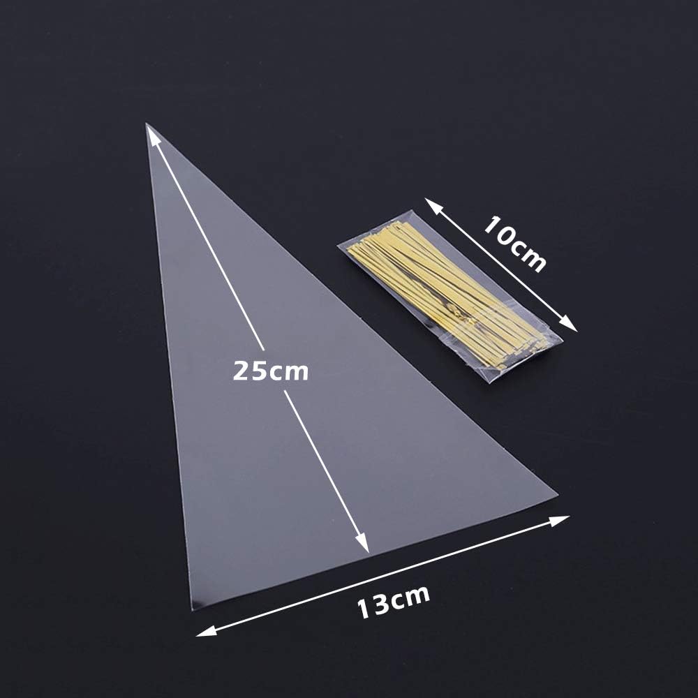 Sweet Cones Bags,100 pcs Transparent Plastic Cellophane Cone Bag with Gold Twist Ties - Image 4