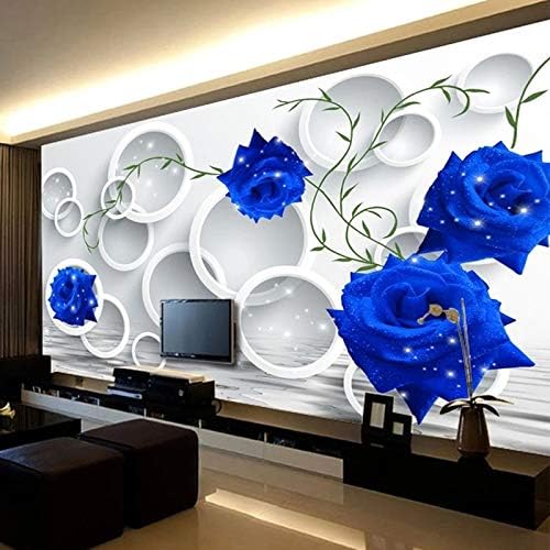 Mural Art Deco wallpaper3D Stereo Circle Blue Roses Mural Wallpaper Living Room TV Sofa Bedroom Home Decor Background Painting Self-Adhesive 3D Stickers