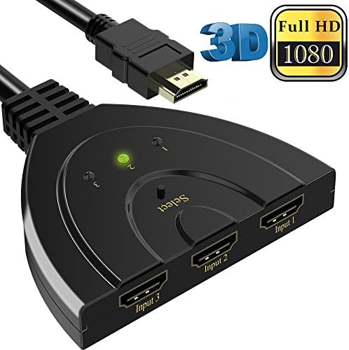 Elizza HDMI Switch Splitter 3 in 1 out ports with High Speed Pigtail Cable Supports Full HD 1080P 3D Player