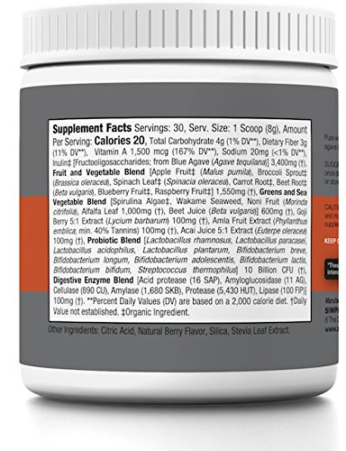 Simple Organics Greens Superfood Powder Low-Calorie with Fruits, Enzymes, Probiotics, Antioxidants, Vitamins, & Minerals