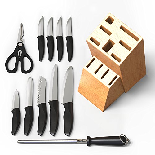 Equinox 12-Piece Knife Block Set - Premium German Steel - Chef Knife, Bread Knife, Slicer Knife, Boning Knife, Paring Knife, Steak Knives, Sharpening Steel and Scissors