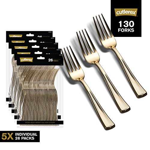 CUTLEREX 130 GOLD PLASTIC FORKS - Plastic Silverware Set â€“ Plastic Cutlery - Disposable Flatware - GOLD - Plastic Forks Bulk â€“ Plastic Utensils Full Size, Extra Heavy Duty, Solid and Durable