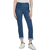 Lysse Women’s Pull-On Boyfriend Jeans – Mid Rise Stretch Knit Denim Pants, Slim Straight Cuffed Jeans for Women