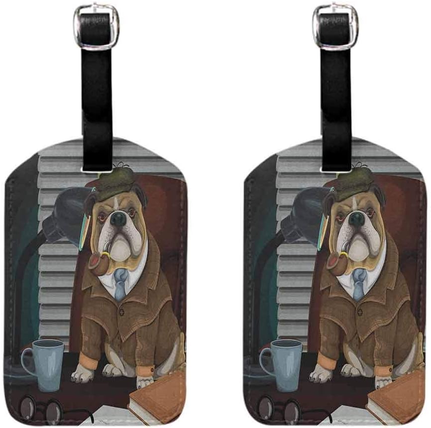 English Bulldog Luggage tag Soft (Pack of 2) Soft to the touch Traditional English Detective Dog with a Pipe and Hat Sherlock Holmes Image Multicolor