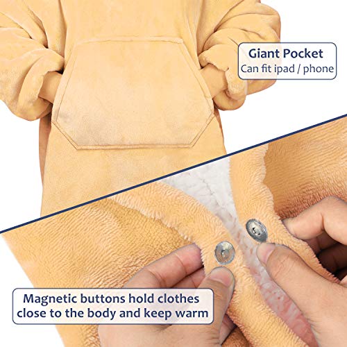 Blanket Sweatshirt, Super Soft Warm Cozy Wearable Sherpa Hoodie for Teens, Boys, Girls, Youth, Kids (7-15yr), Oversize, Reversible, Hood & Large Pocket, One Size, Camel - Thumbnail 2