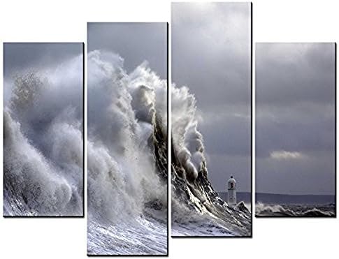 Forever With Me 4 Panel Wall Art Grey Painting The Huge Wave Close To The Lighthouse In The Storm Picture On Canvas Stretched By Wooden frames For Living Room Decor Or As A Gift