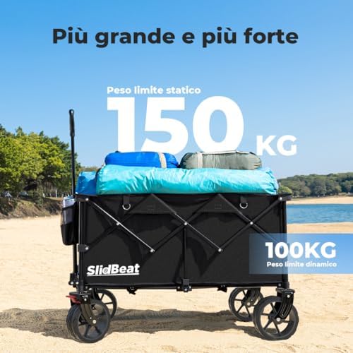 - Carrello da Giardino Pieghevole 220L, Carrello Spiaggia con Ruote Grandi, per Rimorchio per Giardino da Campeggio all'aperto Ogni Tipo di Terreno, Portata fino a 150kg