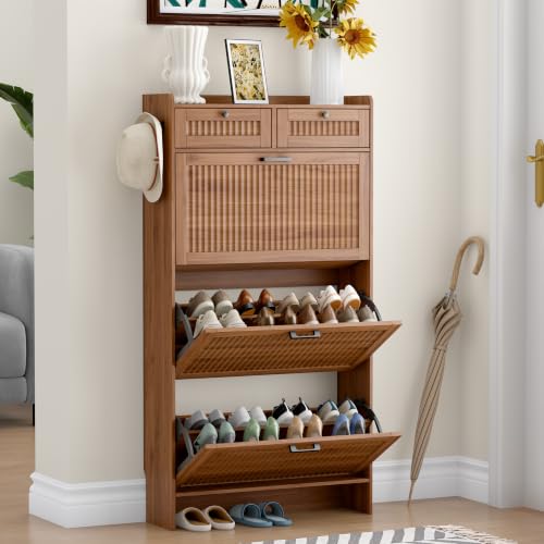 BOXACTION Fluted Shoe Cabinet for Entryway, 3 Flip & 2 Top Drawers, Walnut