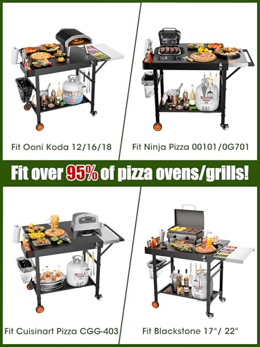 Outdoor Pizza Oven Table, Expansive Countertop Pizza Oven Stand for Party, Movable Kitchen Cooking Prep BBQ Cart with Wheels, Solid and Sturdy Grill Table, Fits Ooni Blackstone Ninja Cuisinart Gozney