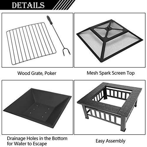 Lovinland Outdoor Fire Pit, Metal Patio Stove Square Table Fire Bowel Wood Burning Fireplace with Spark Screen,Poker,Grill