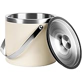 4L beige-white Double Wall Insulated Stainless Steel Ice Bucket with scoop for Cocktail Bar,Metal Ice Bucket for freezer with Lid for parties.ice Container to Keep Ice Colder,bar cart accessories