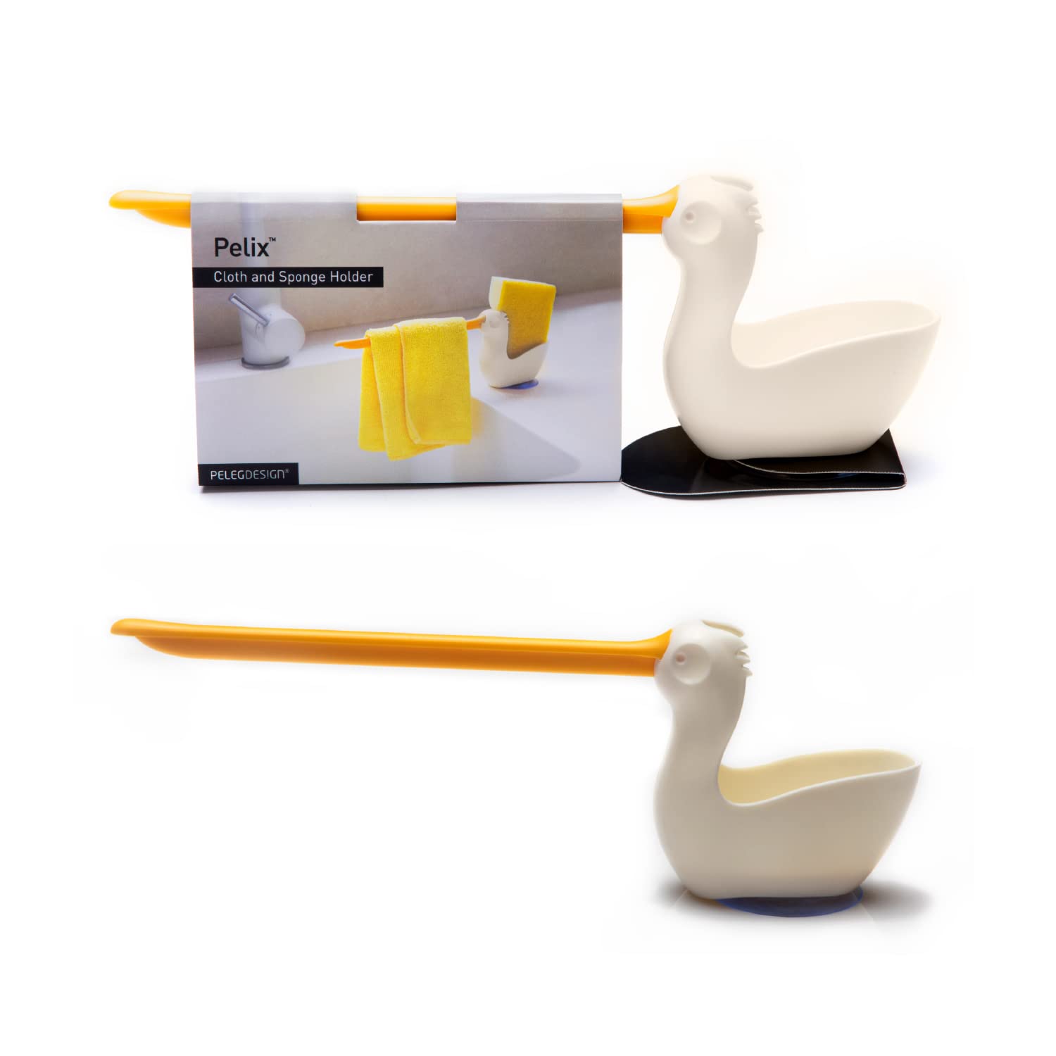 PELEG DESIGN Pelix Plastic Sponge and Cloth Holder for Kitchen Sink Caddy with Suction Cup, 2 in 1 Dish Kitchen Organizer and Decor, Fits All Dish Scrubber, Sponge and Cloth Standard Size