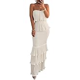 CHICME Women's Long Bandeau Bodycon Dress Shirred Ruffle Hem Layered Wedding Guest Dress Formal Evening Party Dress