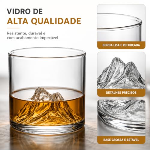 Kit 2 Copos Whisky Design Montanha Everest 300ml Cristal Transparente Premium Vidro Reforçado Drinks Luxo