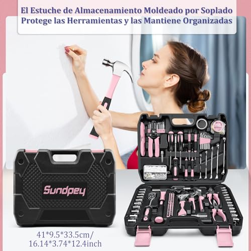 Sundpey Complete Tool Box 281 Pieces - Portable Tool Set with Ratchet Wrench Set Screwdriver Set Metric Hex Wrenches Pliers Pink
