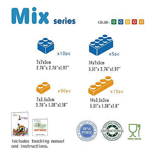 UNiPLAY Soft Building Blocks - Mix Series (60pcs). Educational and Creative Toys, Food Grade Material(antibacterial), Non-Toxic, BPA FREE, 100% SAFE for Kids, Toddlers, Baby, Preschoolers