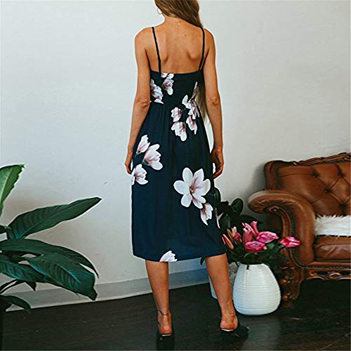 LitBud Women Sundresses Summer for Women Ladies Spaghetti Strap Casual Vintage Party Holiday Button Down Vacation Midi Swing Easter Dress with Pockets Floral Navy Blue Size 8 10 L