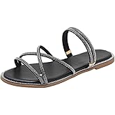Sksshion Women's Glitter Rhinestone Flat Criss Cross Strappy Open Toe Sandals Slip On Slippers
