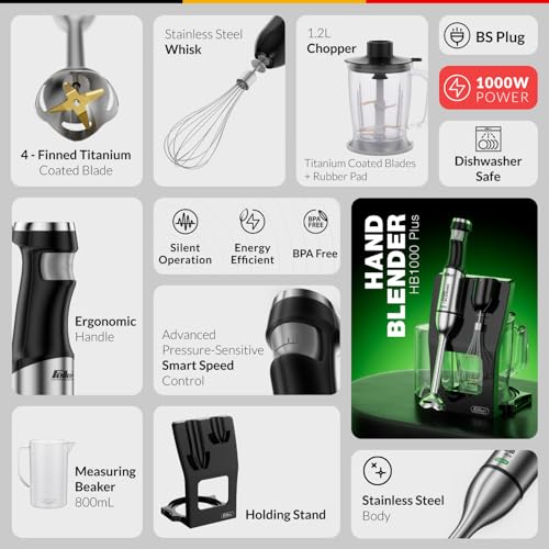 Feller Germany 3in1 Hand Blender 1000W, Smart Speed Control, 4-Fin Titanium Blade, Stainless Steel Body, 1.2L Chopper, Whisk, 42.5CM Extra Long Shaft, HB1000 Plus, 2Y Guarantee-UAE Version (Black)
