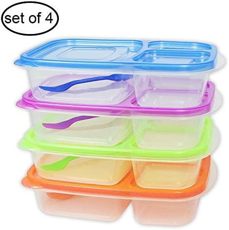 Bento Lunch Box Containers from ChimpooMart-Pack of 4, Bpa Free, Reusable, Dishwasher and Microwave safe 3 compartment Meal Prep Containers with lids and sporks. Eat Healthy with Convenience!