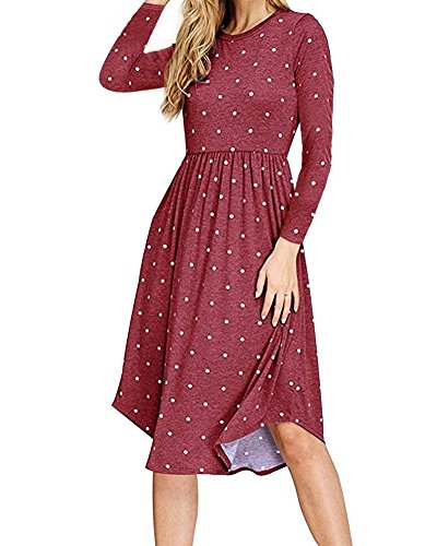 YOMISOY Women Polka Dot Dresses Pleated Long Sleeve Swing Casual Midi Dress with Pocket Red