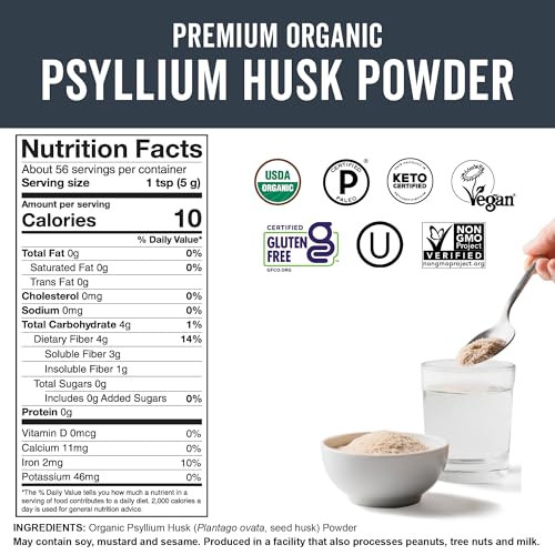 VIVA NATURALS ORGANIC PSYLLIUM HUSK POWDER, 10 OZ – FINELY GROUND, UNFLAVORED, VEGAN, KETO, PALEO, NON-GMO PLANT-BASED SUPERFOOD, GOOD SOURCE OF FIBER FOR GLUTEN-FREE BAKING, JUICES & SMOOTHIES