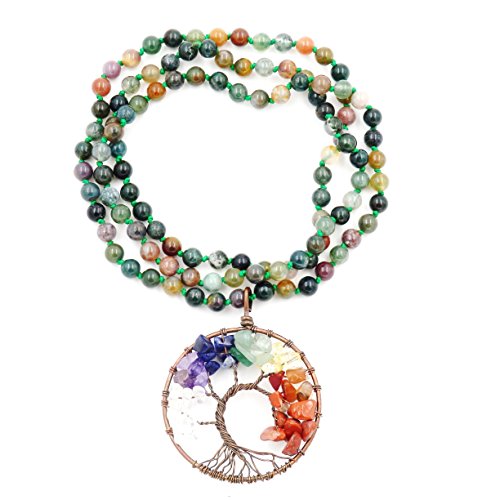 Gemstone Mala Beads Necklace, 108 Buddhist prayer beads necklace, Hand Knotted necklace (Indian Agate)