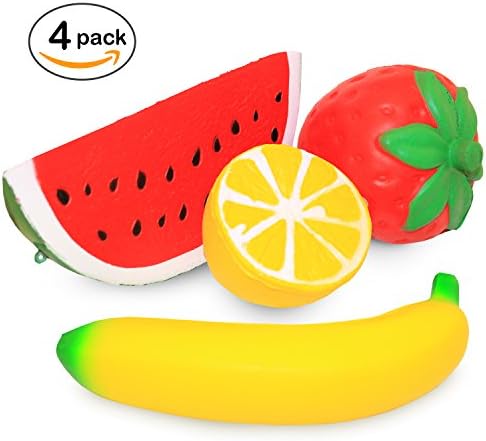 Jumbo Squishies Slow Rising Fruit Squishies (4 pack) Cream Scented Charms Kawaii Soft Squeeze Squishy Toys Strawberry Banana Watermelon Lemon Stress Relief Toys For Kids And Adults Party Supplies