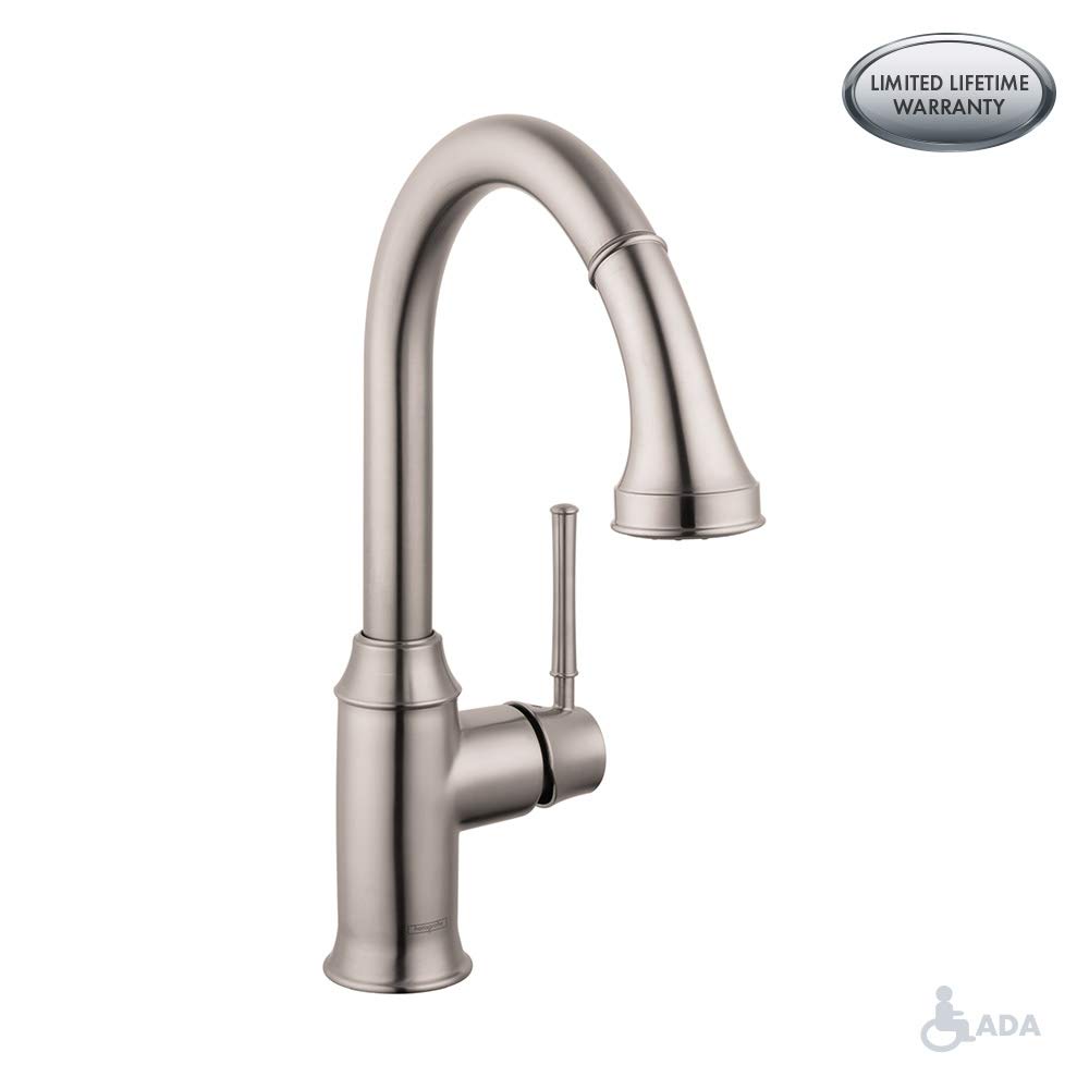 hansgrohe Talis C Premium 1-Handle 15-inch Tall Stainless Steel Kitchen Faucet with Pull Down Sprayer Magnetic Docking Spray Head in Steel Optic, 04215800