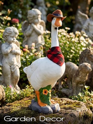 LarpGears Premium Adjustable Large Porch Goose Statue – 23” Realistic Hollow Plastic Garden Goose with Removable Cowboy Hat & Bandana, Stone Base with Sand-Fillable Design for Outdoor Stability