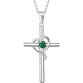 NORBU 925 Sterling Silver Cross Necklace for Women, Heart Womens Cross Necklace With 5A CZ Birthstone Cross Pendnat, Christian Jewelry Religious Gift for Her Women Wife