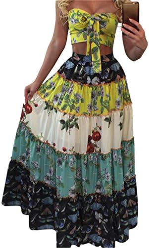 YYear Women's Sexy Bandeau Crop Tube Tops Floral Swing Long Maxi Skirt 2PCS Sets Blue US M