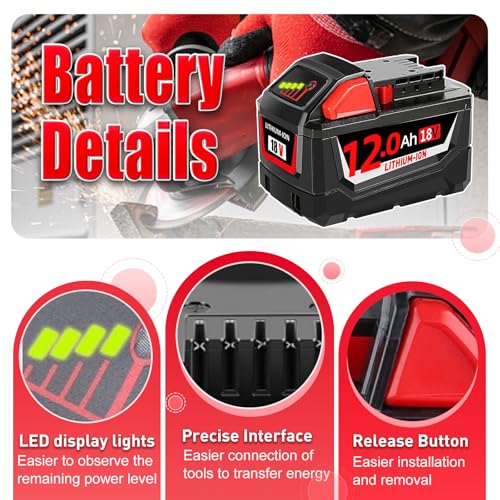 2PC 18V 12.0Ah Replacement for Milwaukee Battery, Compatible with Milwaukee m18 Battery 48-11-1815 48-11-1820 48-11-1840 18Volt Cordless Power Tools for DIY and Professional Tools (LED Indicator-2)