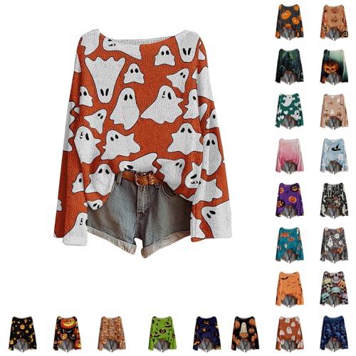 Halloween Top Women Halloween Jumper Women Fashion Theme Month Graphic Print Pullover Tops Cosy Casual Long Sleeve Knit Sweatshirts Black Top