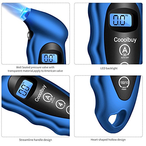 Cooolbuy Digital Tire Pressure Gauge 150 PSI 4 Settings with Backlight LCD and Non-Slip Grip-Button Cells,Tire Valve Caps,Carry Bag Included (Blue-1 Pack)