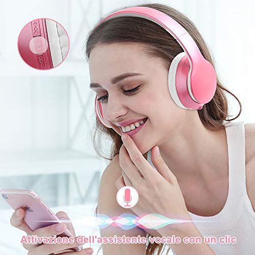 Cuffie Wireless Over Ear, Cuffie Bluetooth Senza Fili con Microfono Incorporato, Cuffie Stereo Pieghevoli Audio Hi-Fi per Telefono/Pc/Tv/Online, Comodi Paraorecchie per Indossare a Lungo(Rosa)