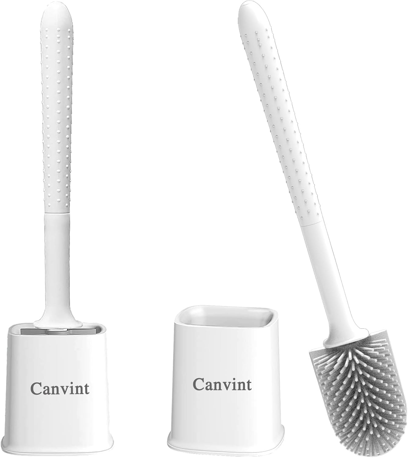 Canvint Silicone Toilet Brush and Holder Set, 2 Pack - Dead Corner Deep Cleaning With Quick Drying Holder, Flexible No-Slip Long Plastic Handle (White)