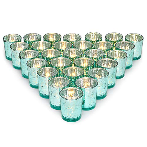 Letine Glass Votive Candle Holders Set of 36 - Speckled Mercury Aquamarine Tealight Candle Holder Bulk - Ideal for Wedding Centerpieces & Home Decor - Thumbnail 7