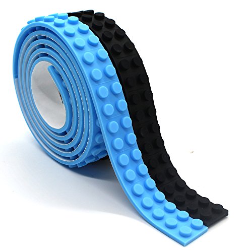 Reusable Silicone Self-Adhesive Building Block Tape, Compatible With Lego Collection Construction, Educational Inspire Imagination Toys, 2 studs (Black+Light Blue)