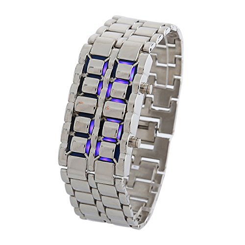 DAYAN Men's Lava Black Stainless Steel Bracelet Watch Silver and Blue LED Digital Watch Water Resistant