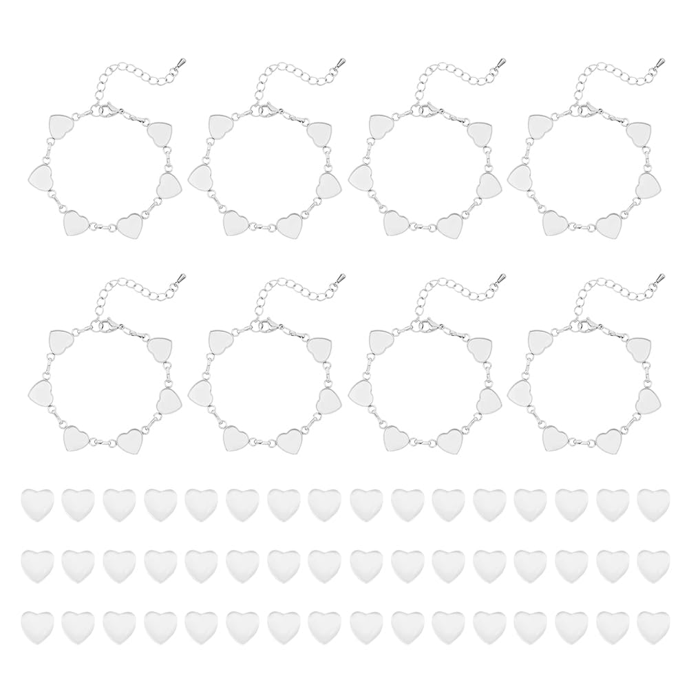 UNICRAFTALE 8 Pcs 304 Stainless Steel Cabochon Setting Bracelets Heart Shaped Blanks Chain Bracelet with Glass Cabochons DIY Heart Bezel Trays Chain for Link Bracelets Jewelry Making