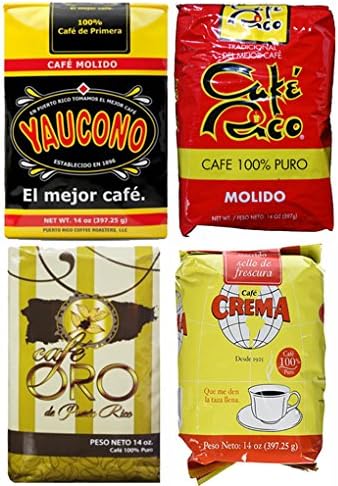 Puerto Rican Variety Pack Ground Coffee - 4 Local Favorites in 14 Ounce Bags V.2 (3.5 lbs Total) - Includes 2 Envelopes Of Sason Accent Seasoning