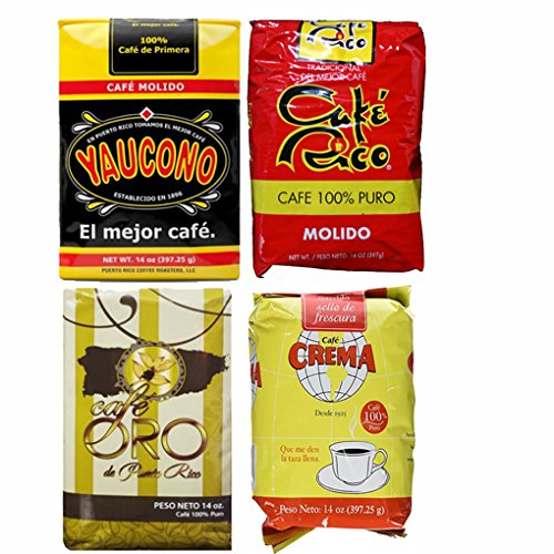 Puerto Rican Variety Pack Ground Coffee - 4 Local Favorites in 14 Ounce Bags V.2 (3.5 lbs Total) - Includes 2 Envelopes Of Sason Accent Seasoning