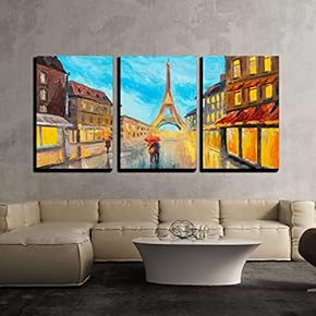 3 Piece Canvas Wall Art - Oil Painting of Eiffel Tower, France - Modern Home Art Stretched and Framed Ready to Hang - 16"x24"x3 Panels