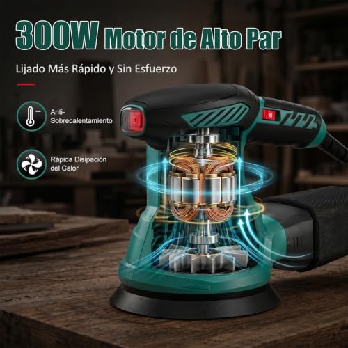 Lixadeira orbital 300w, lixadeira rotorbital hychika com motor de cobre puro, 6 velocidades, 13000rpm, lixa 12pcs 125 mm (grão 240/120/80), com bolso de coleta lavável, para madeira e metal